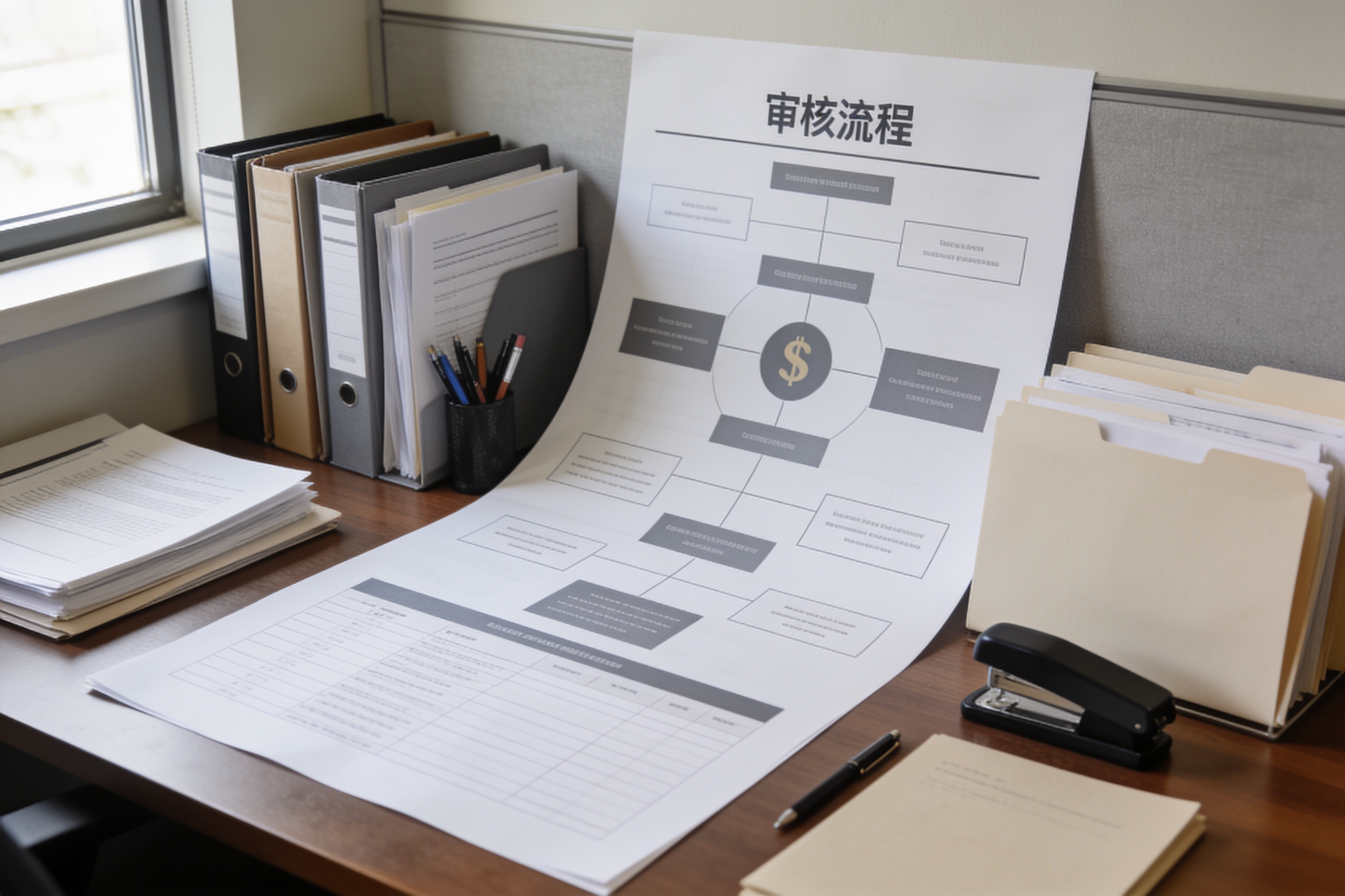 法律文件与合规审查工作场景，展示办公桌上的文件夹和审核流程图表